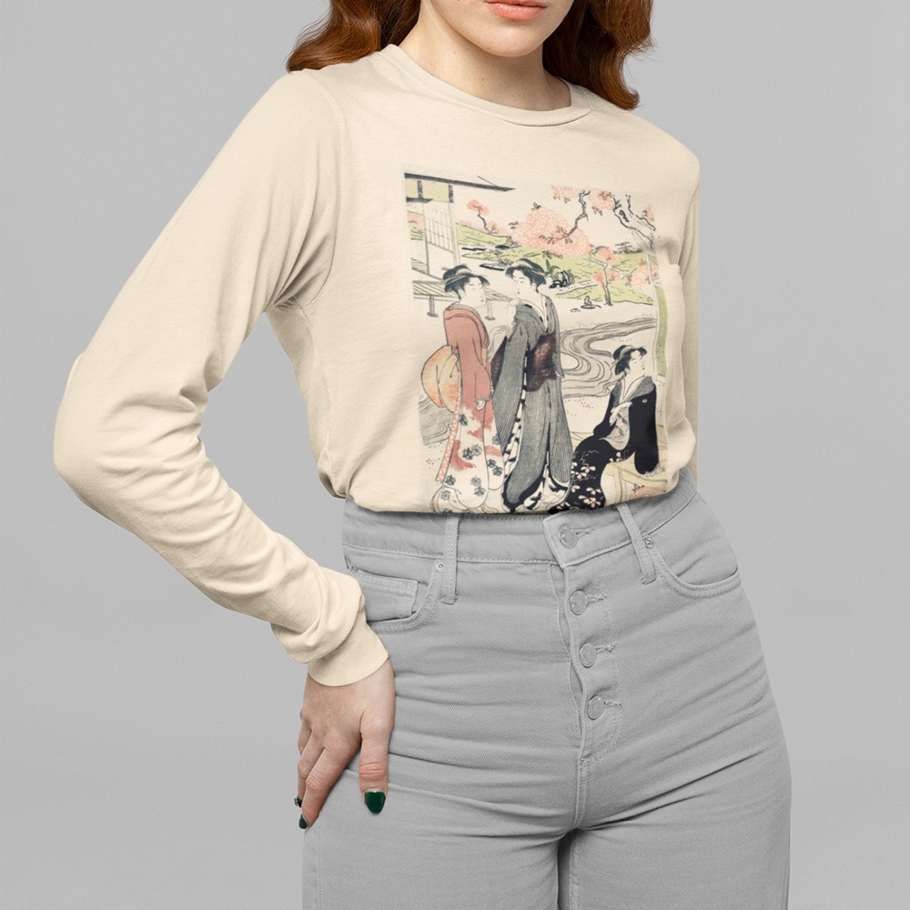 Japanese Women Garden VTG Ukyio-e Print Long Sleeve Graphic Tee T-shirt S M L XL